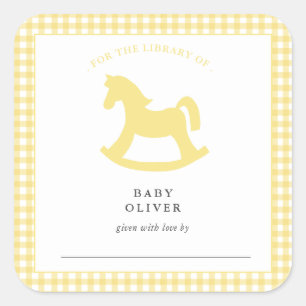 Gelbes Gingham geschlechtsneutrales Baby-Exlibris Quadratischer Aufkleber