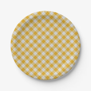 Gelbes Gingham-Kariertes Prüfmuster Pappteller