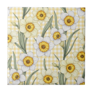 Gelbes Gingham-Narzissen-Blumenmuster Fliese