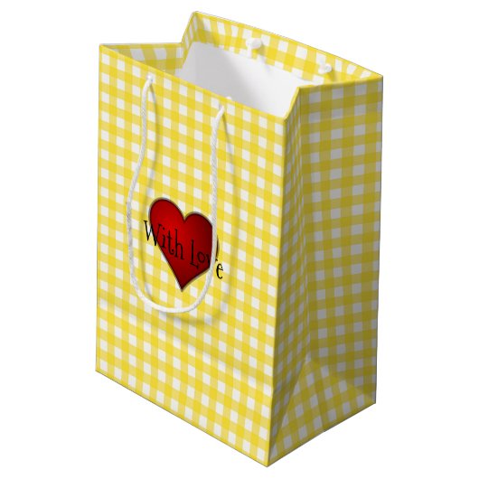 Gelbes Gingham Rotes Herz mit Liebe Mittlere Geschenktüte (Rückseite Schrägansicht)