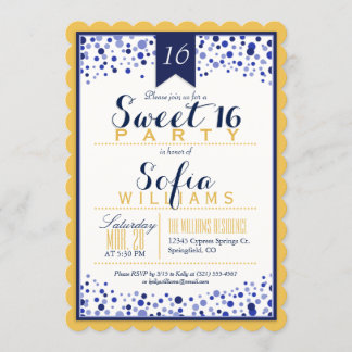 Gelbes Gold, Weiß, Navy Blue Sweet 16 Party Einladung