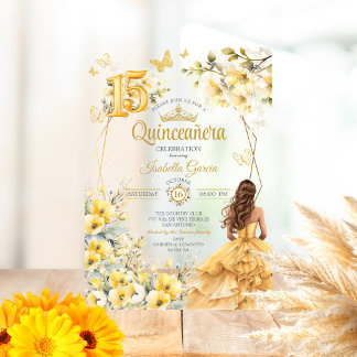 Gelbes goldenes Tiara-Blumen-Schmetterling-Quincea Acryleinladungen