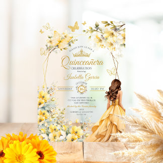 Gelbes Goldenes Tiara Florale Schmetterlinge Quinc Acryleinladungen