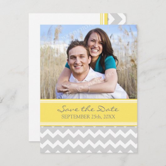 Gelbes graues Foto Save the Date Hochzeitskarten Ankündigungspostkarte (Vorne/Hinten)