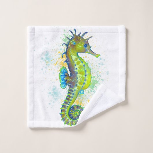 Gelbes Grün-Seepferdspritzen Badhandtuch Set (Waschlappen)