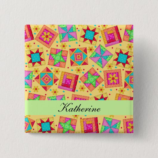 Gelbes grünes Patchwork Quilt Blocks Name Abzeiche Button (Vorderseite)