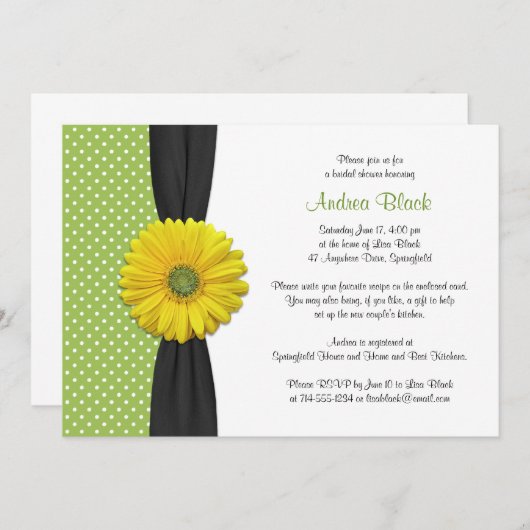 Gelbes grünes Schwarzes Daisy Polka Dot Brautparty Einladung (Vorne/Hinten)