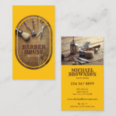 Gelbes Haarstylist Rustikales Holzbarber-Shop Visitenkarte (Vorne/Hinten)