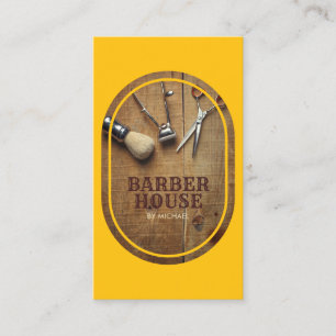 Gelbes Haarstylist Rustikales Holzbarber-Shop Visitenkarte