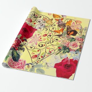 GELBES HERZWERT MIT BLUME-WRAPPPAPIER GESCHENKPAPIER