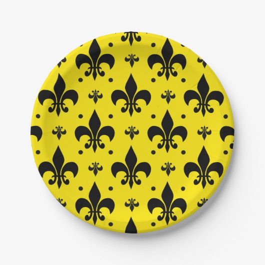 Gelbes Hintergrund Fleur-de-lis-Muster Pappteller (Vorderseite)