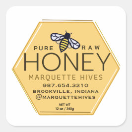 Gelbes Honighexagon-Siegel mit Bienen und Honigwab Quadratischer Aufkleber