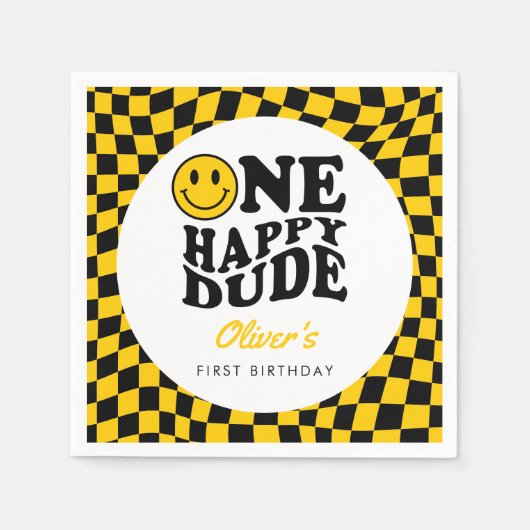 Gelbes kariertes Lächeln - 1. Geburtstag individue Serviette (Vorderseite)