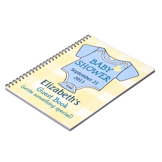 Gelbes kariertes und blaues Baby-Duschen-Gast-Buch Notizblock (Linke Seite)