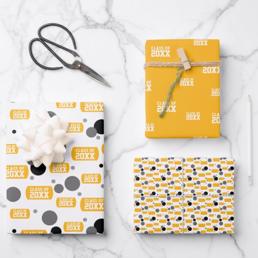 Gelbes "Klasse von" Hundeschema und Dotmuster Geschenkpapier Set (Vorderseite)