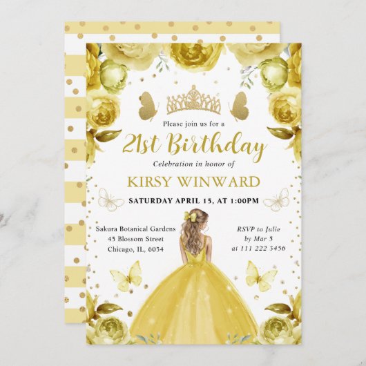 Gelbes Kleid Blonde Princess Birthday Einladung (Vorne/Hinten)