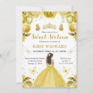 Gelbes Kleid Brünette Prinzessin Sweet 16 Einladung
