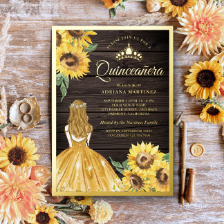 Gelbes Kleid Sonnenblumen Barn Wood Quinceanera Go Folieneinladung
