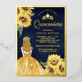 Gelbes Kleid Sonnenblumen Navy Blue Quinceanera Go Folieneinladung (Vorderseite)