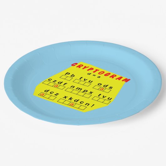 Gelbes Kryptogramm Pappteller (Schrägansicht)