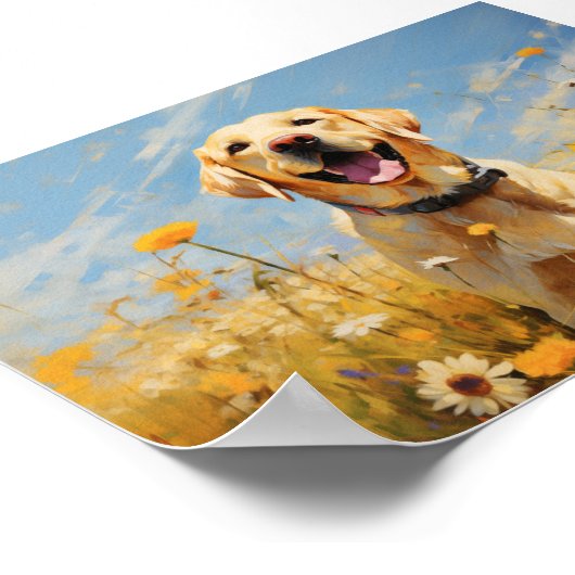 Gelbes Labrador bei Blume Poster (Ecke)