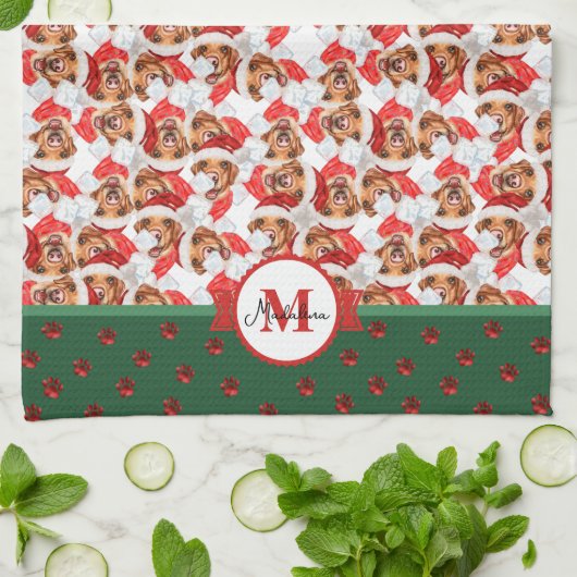 Gelbes Labrador-Muster-Monogramm-Weihnachtshund Geschirrtuch (Gefaltet)