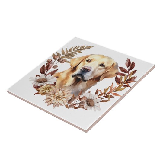 Gelbes Labrador Retriever Herbstkranz Fliese (Seite)
