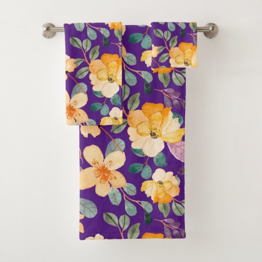 Gelbes Lila Blumenmuster Modernes Badhandtuch Set (Insitu)