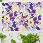 Gelbes Lila Blumenmuster Wasserfarben-Muster Geschirrtuch (Gefaltet)