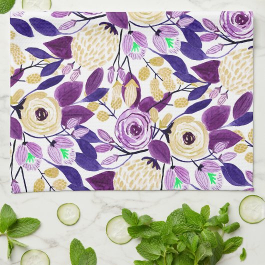 Gelbes Lila Blumenmuster Wasserfarben-Muster Geschirrtuch (Gefaltet)