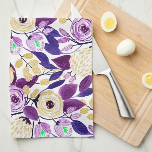 Gelbes Lila Blumenmuster Wasserfarben-Muster Geschirrtuch (Viertel Falte)