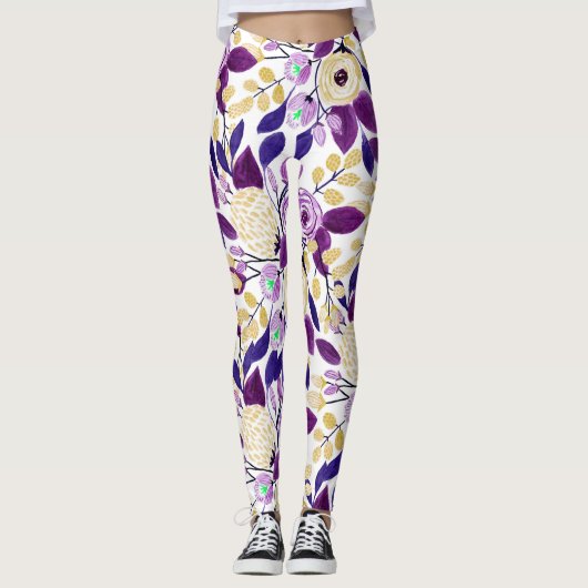 Gelbes Lila Blumenmuster Wasserfarben-Muster Leggings (Vorderseite)