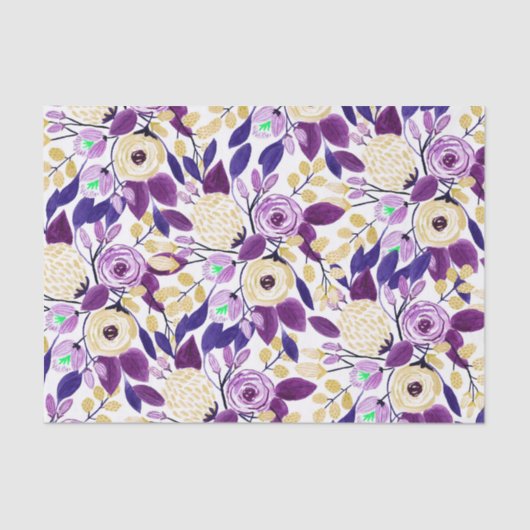 Gelbes Lila Blumenmuster Wasserfarben-Muster Seidenpapier (Vorderseite)