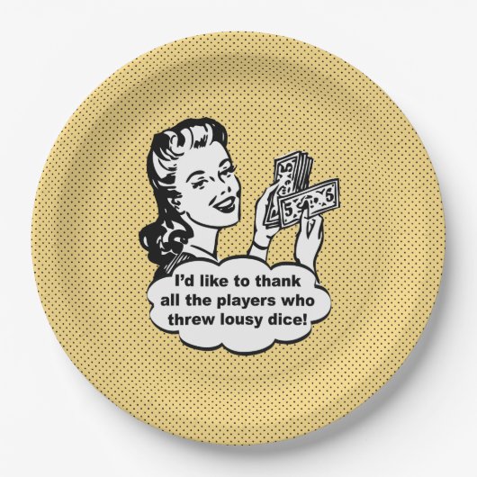 Gelbes lustiges Retro Bunco, das ich danken möchte Pappteller (Vorderseite)