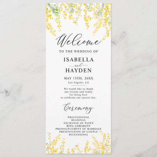 Gelbes Mimosa Frühlingsflora Hochzeitsprogramm Programm (Vorderseite)