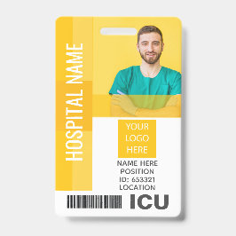 Gelbes Mitarbeiter-Foto, Bar-Code, Logo-ICU-ID Ausweis