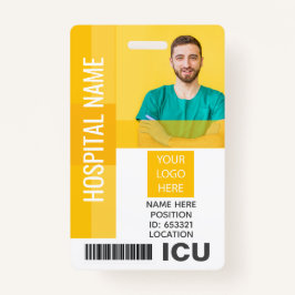 Gelbes Mitarbeiter-Foto, Bar-Code, Logo-ICU-ID Ausweis