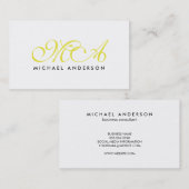 Gelbes Monogramm Elegantes Script Schlicht Weiß Visitenkarte (Vorne/Hinten)