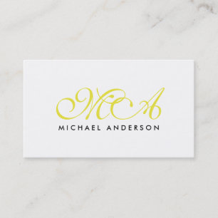 Gelbes Monogramm Elegantes Script Schlicht Weiß Visitenkarte