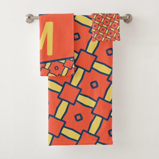 Gelbes Monogramm Orange Geometrisches Muster Badhandtuch Set (Insitu)