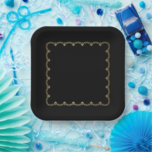 Gelbes Muster schwarzes Quadrat Papierplatte Pappteller (Party)