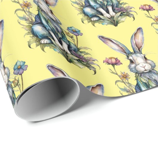 Gelbes Niedliches Aquarell Bunny Floral Ostern Geschenkpapier (Rolleneckpunkt)