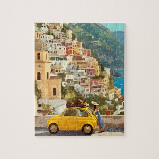 Gelbes Oldtimer-Auto und Amalfi-Küsten-Puzzle Puzzle (Vertikal)