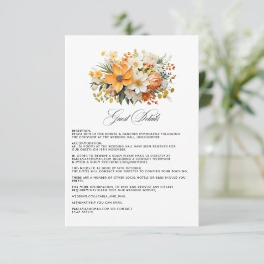 Gelbes Orange & Elfenbeinflora - Gastdetails Begleitkarte (Stehend Vorderseite)