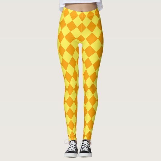 Gelbes Orange Schachbrett Diamantmuster Leggings (Vorderseite)