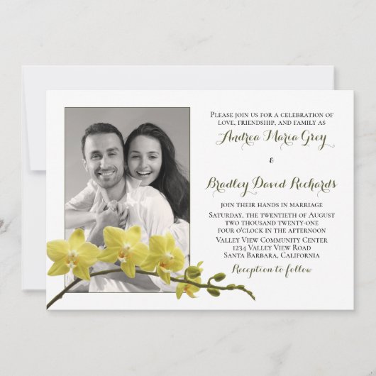 Gelbes Orchid-Blume-Foto Hochzeit Einladung (Vorderseite)