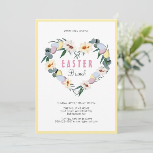 Gelbes Ostereier Blume Herzklopfen Brunch Einladung (Stehend Vorderseite)