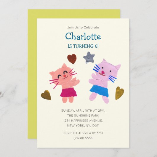 Gelbes Papierstreifen Katzen Kindergeburtstag Einladung (Vorne/Hinten)