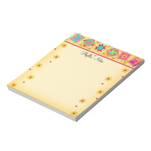 Gelbes Patchwork Quilt Block Art Notizblock (Rotiert)
