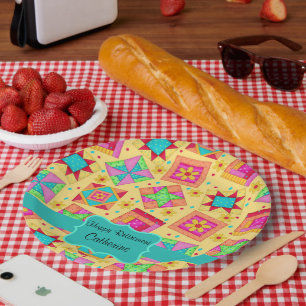 Gelbes Patchwork Quilt Blockname Happy Retirement Pappteller